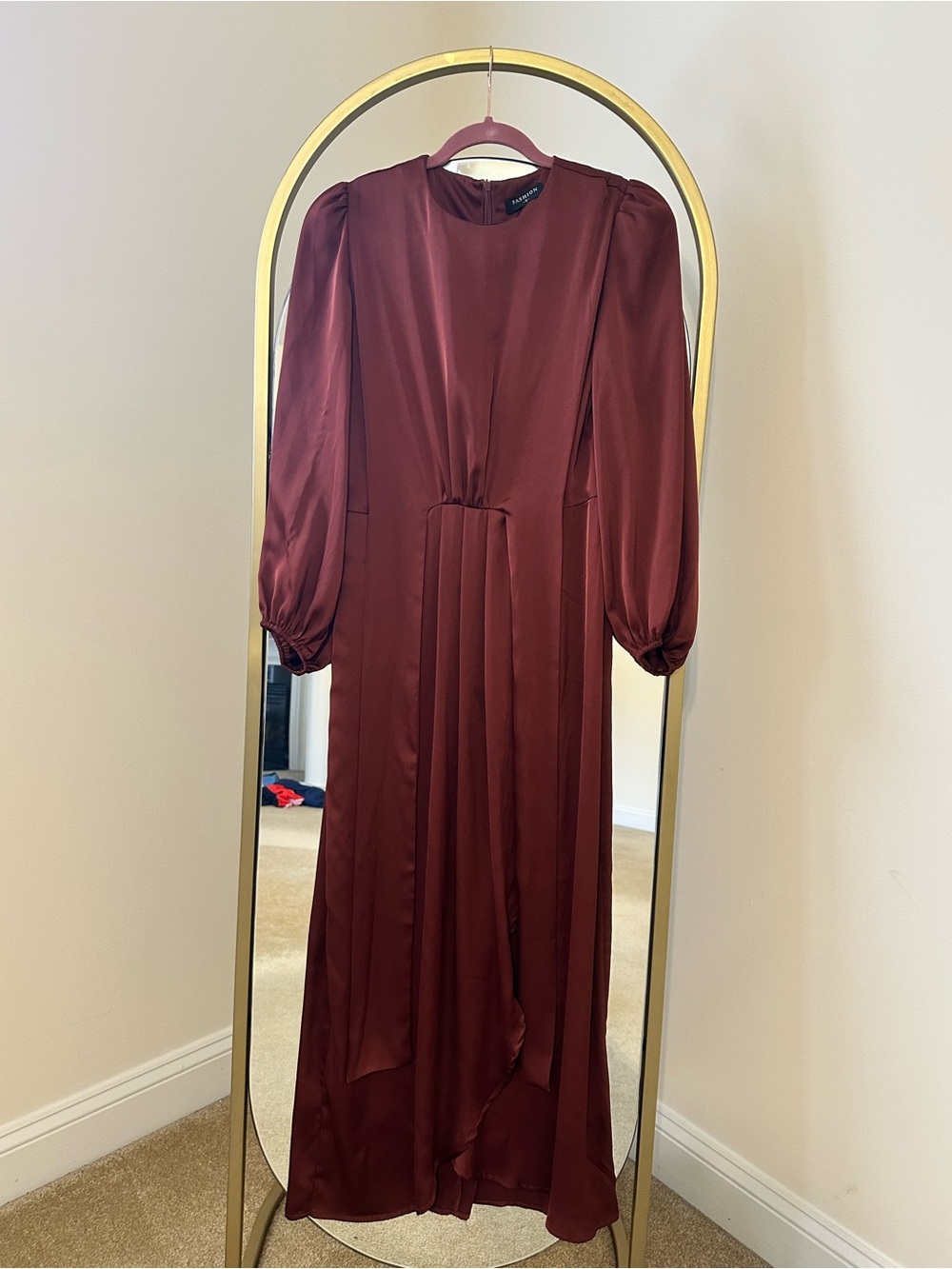 Long Burgundy Satin Dress with Puff Sleeves